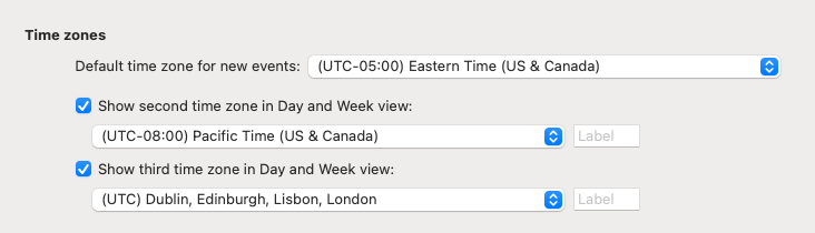 Screenshot of Outlook time zone settings